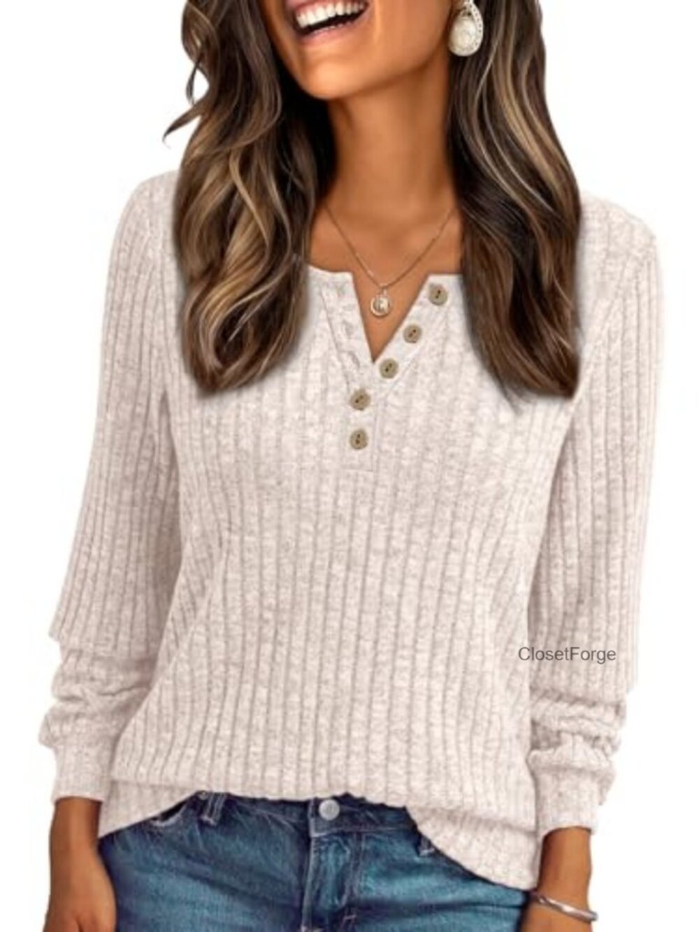 Long Sleeve Henley Tunic Sweater Soft Stretchy Lightweight Women's Pullover